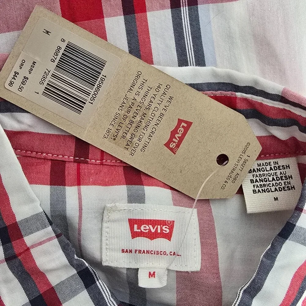 Levi's‎ Shirt Mens Medium Button Down Red Black Plaid Casual Dress Long Sleeve - Picture 5 of 6